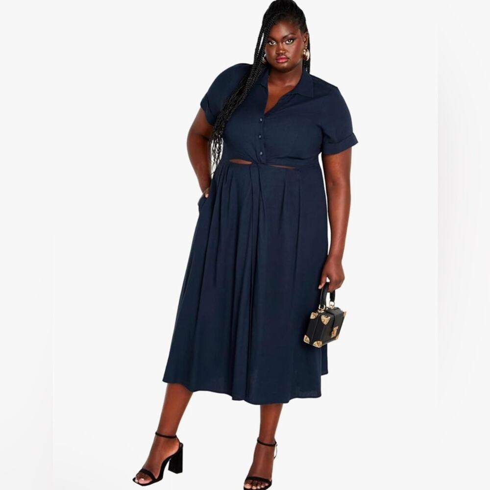 City Chic Women's 16 Plus Size Dress Malia Linen Blend Navy Blue Dress‎ Derby